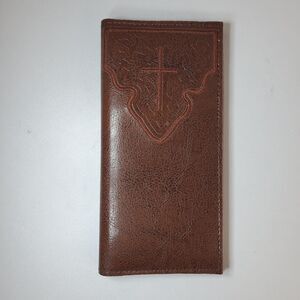 Men’s Brown Coated Leather Wallet Checkbook Embroidered Holy Cross Design NWOT